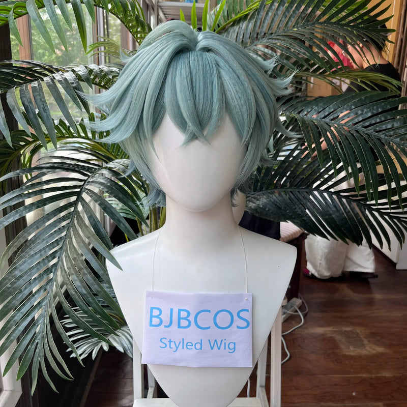 [Styled Wig] Lohen Cosplay Wig Game Genshin Impact  Men Short 35cm Green Hair Knights Of Favonius Cosplay Halloween Wig