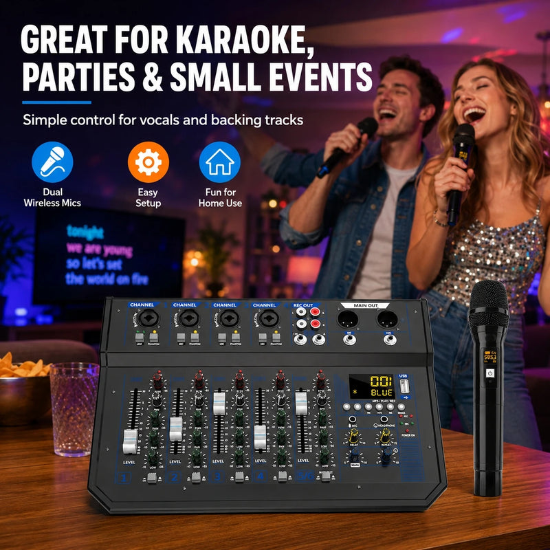 6 Channel Audio Mixer with 2 Wireless Microphones Bluetooth USB DJ Console Sound Mixer for Podcast Live Streaming Karaoke Studio