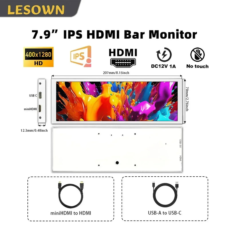 LESOWN Driver-free 400x1280 Display White 7.9 inch miniHDTV Computer Temp Monitor Sub-screen PC  Touch Panel