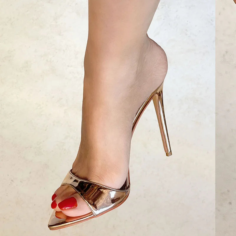 Onlymaker Women Peep Toe Mules Gold Slip On Thin High Sandals Big Size Classic Fashion Lady Sandals