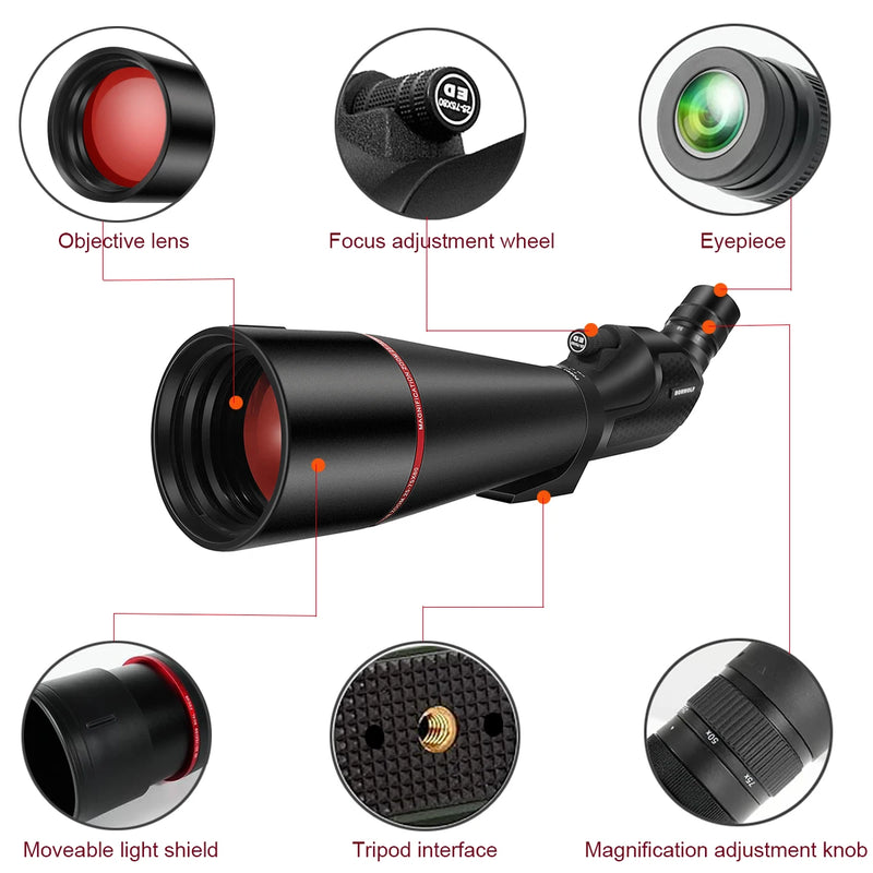 BORWOLF 25-75x80 Telescope Spotting Scope Powerful Zoom Monocular  BAK4 Waterproof For Bird Watching Target Shotting With Tripod