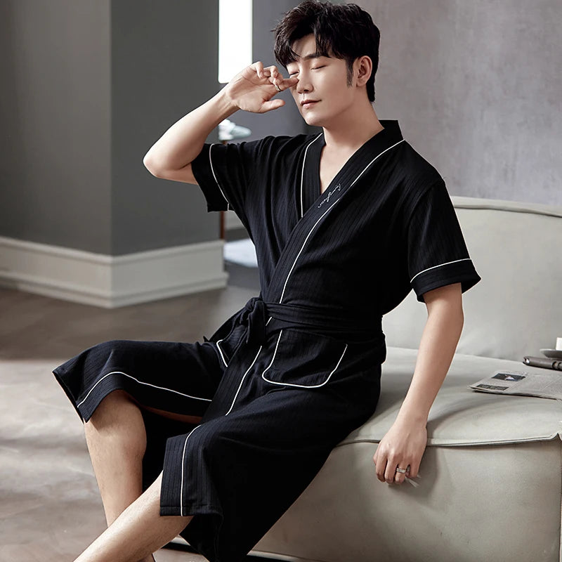 Big Yards L - 4XL Pajamas Mens Soft Cotton Knited Robes Sexy V-Neck Short Sleeve Bathrobe Male Solid Color Nightgown Lounge