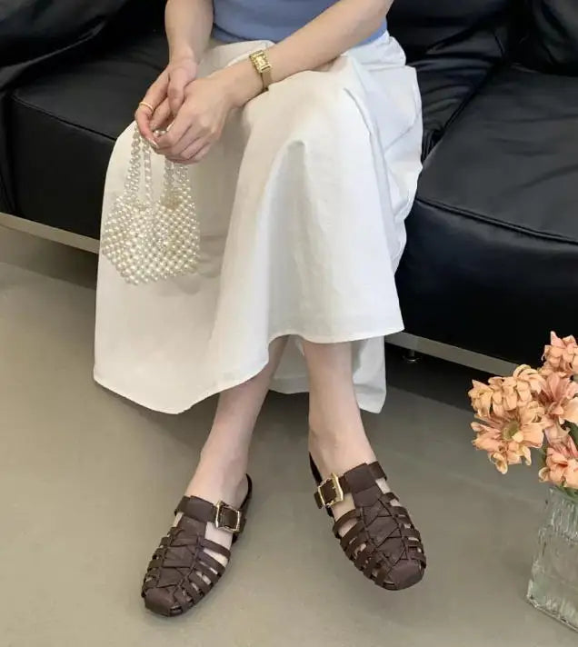 2026 Summer New Women's Mules And Clogs Closed Toe Woven Hollow Out Breathable Slip On Shoes Plus Size Casual Flat Sandals мюли