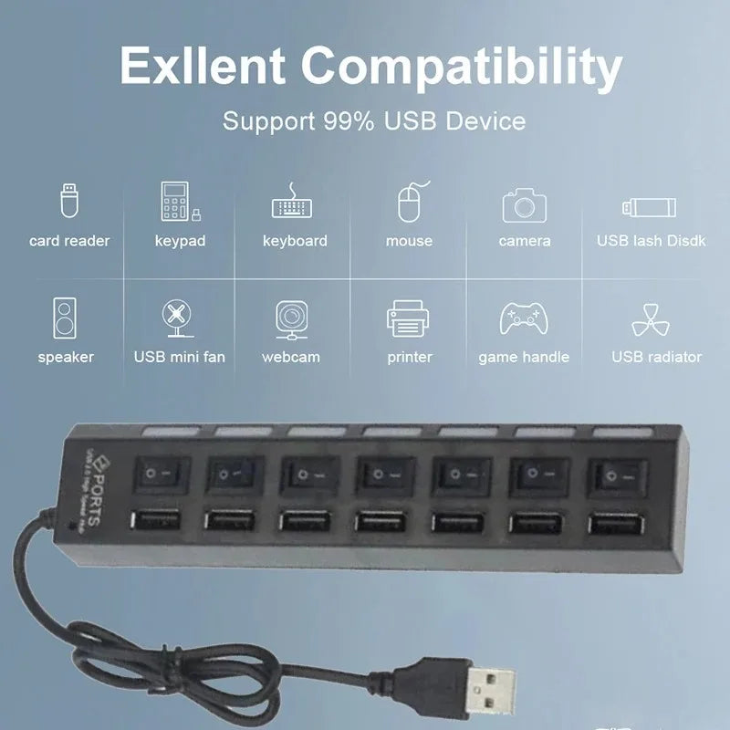 High Speed 7 Ports USB HUB 2.0 Adapter Expander Multi USB Splitter Multiple Extender with LED Lamp Switch for PC Laptop