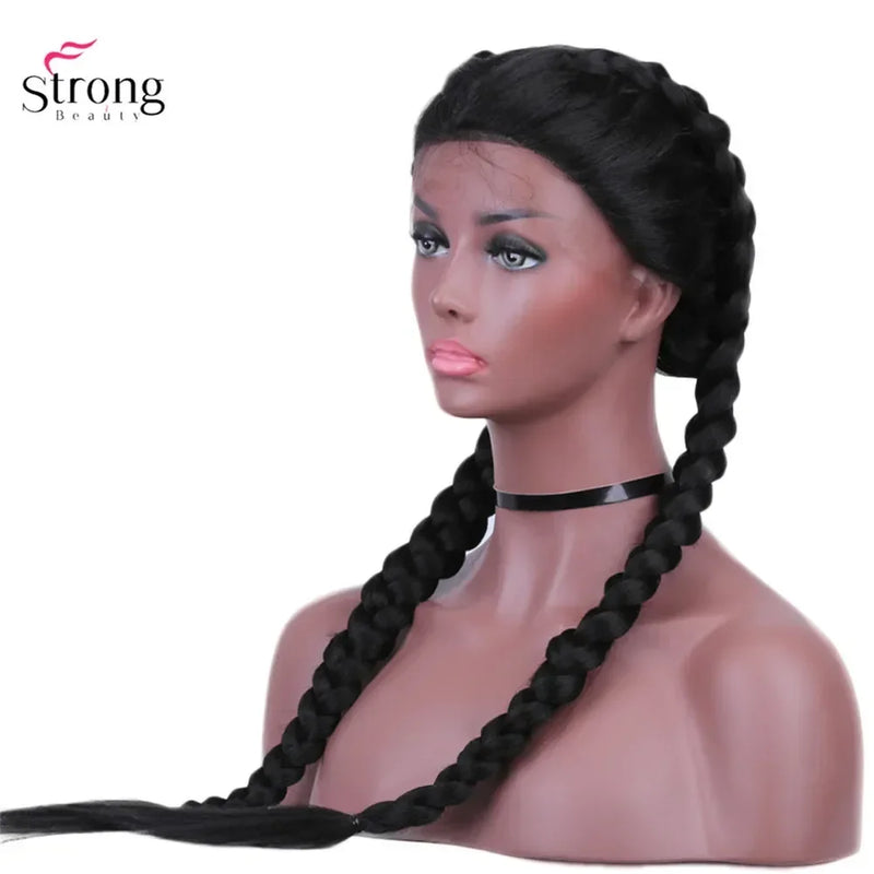 StrongBeauty Two French Braid Hairstyles Lace Front Wigs for women Synthetic lace Wig Long Black