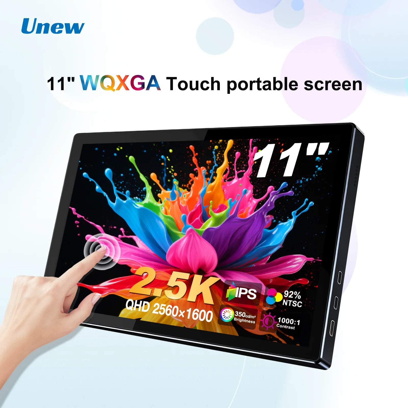 Unew 11 inch Portable Touch Monitor | 2.5K IPS, WQXGA, 350cd 92% NTSC USB-C/HDMI, VESA 75x75mm & Stand, For Mobile Phones Laptop