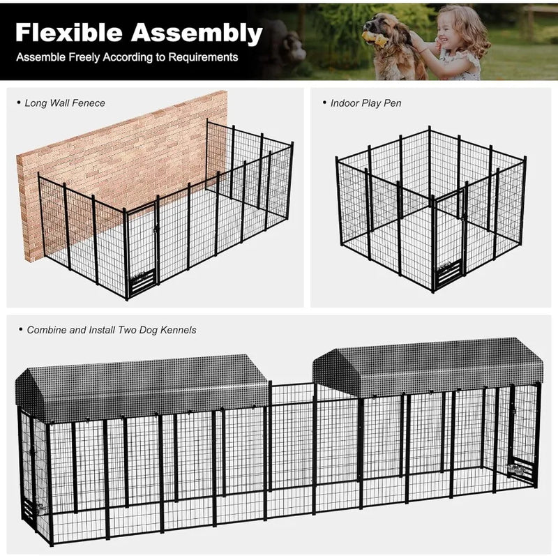Large Dog Kennel Outside with Roof Heavy-Duty Indoor Outdoor Run Dog Enclosure with Removable Cover Dog Pens Outside