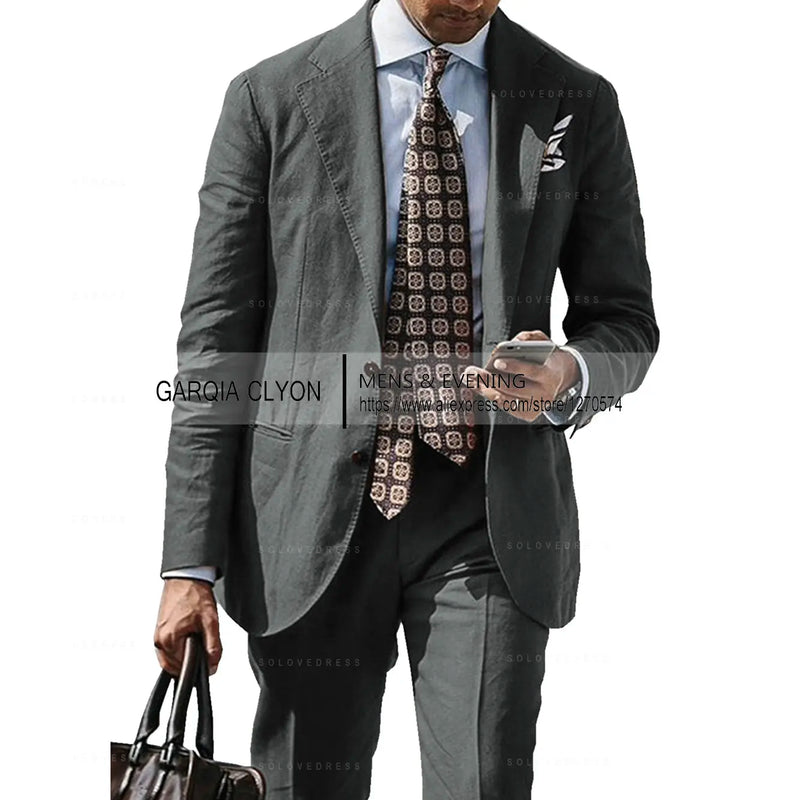 2025 New Casual Men's Suit Jacket Summer Spring Blazer Two Bottom Breathable Cotton Linen Coat 2 Pieces( Jacket+Pants )