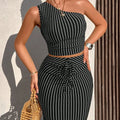 Ladies Casual Stripe Shoulder Pleated Short Top And Pleated Mermaid Skirt Two-Piece Set