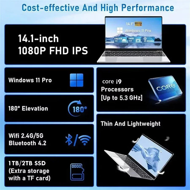 2026 New 14.1" intel Core i9-10980HK laptop 16GB RAM 1/2TB SSD Portable laptops Windows 11 Pro Office Gaming Notebook computer
