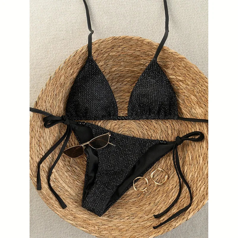 Sexy plain beads micro bikinis sets two pieces thong | SAMAG