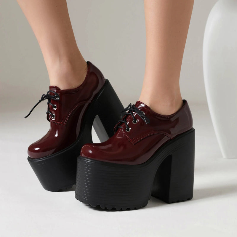 Ultra High Waterproof Platform Shiny Patent Leather Lace Up Women's Pumps Breathable Lining Thick Heels Punk Trendy High Heels