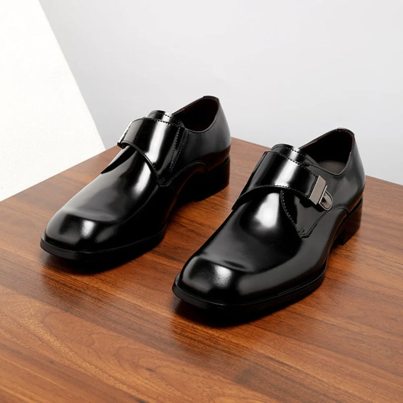 2026 Brown Arrival British Style Genuine Leather Men's Dress Shoes Buckle Square Toe Shiny Wedding Shoes Fashion