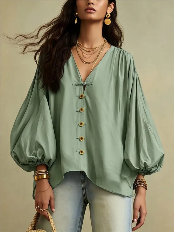 Autumn New Solid Color Fashion Single-breasted Loose Women Shirt Casual Retro Lantern Long-sleeved Versatile Female Vacation Top