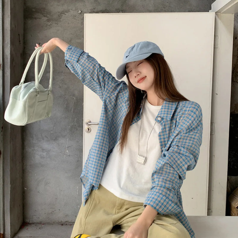 Korean Fashion Blue Plaid Blouse Women Single Breasted - View 3 | SAMAG