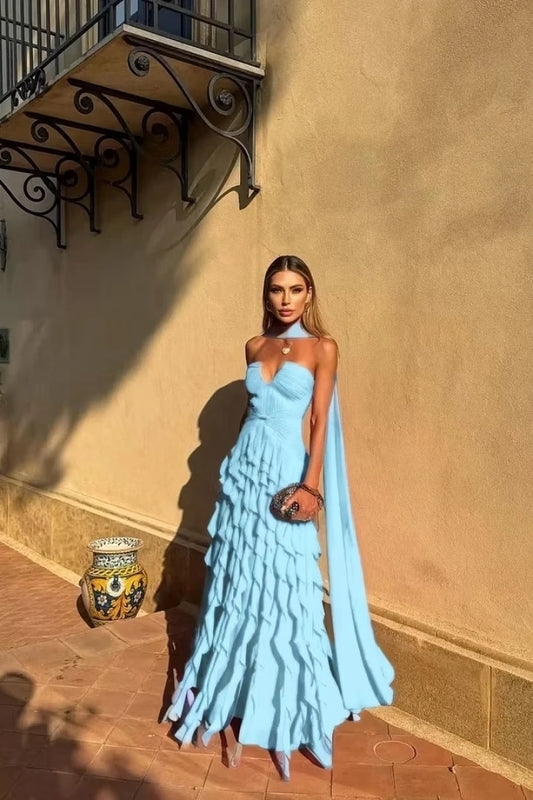 Halter Long Train Evening Gown Sweetheart Multi Layer | SAMAG