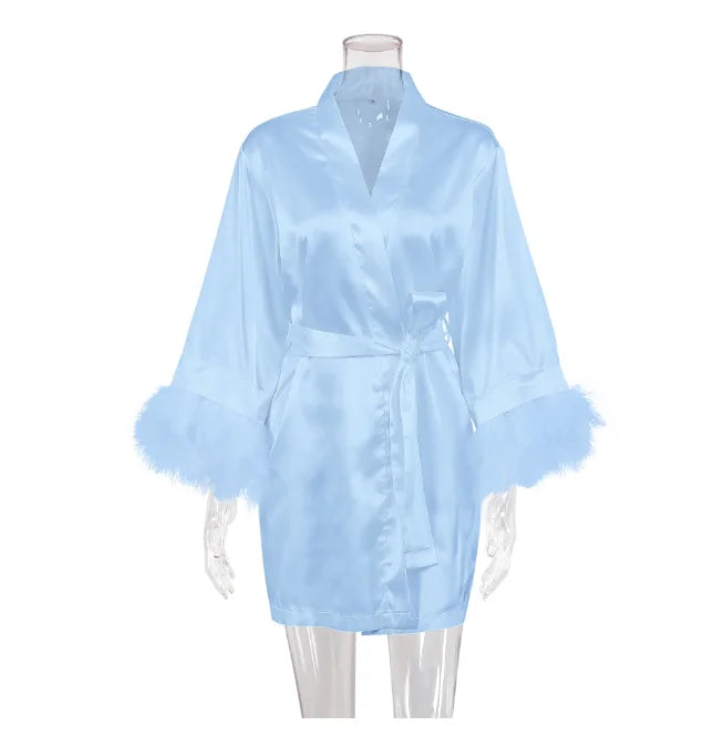 White Bride Wedding Robe with Feathers Women Satin | SAMAG