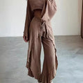 Fashion Flare Sleeve Hollow 2pcs Women Casual Solid Cotton Linen Suit Y2k Summer O Neck Crop Top+Lace-up Ruffle Pants Outfit