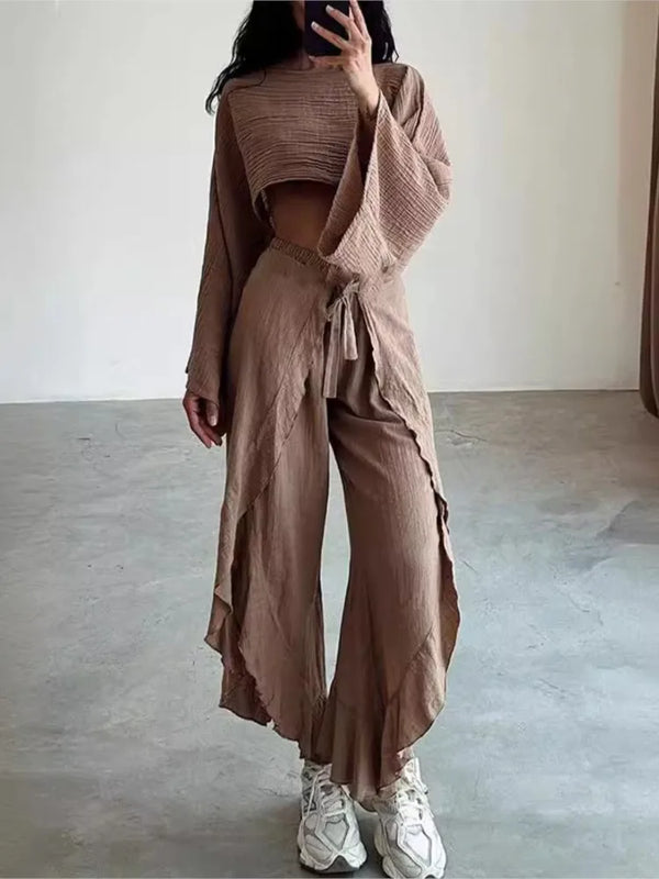 Fashion Flare Sleeve Hollow 2pcs Women Casual Solid Cotton Linen Suit Y2k Summer O Neck Crop Top+Lace-up Ruffle Pants Outfit