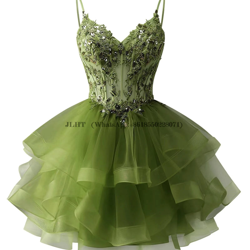 Customized Tiered Tulle A Line Homecoming Dress For Teens Sparkly Lace Applique Beaded Short Prom Dress Mini Cocktail Party Gown