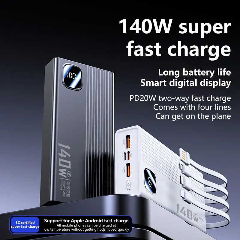 140W 200000mAh Power Bank Large Capacity 4 In1 Cables Intelligent Digital Display Light Portable Powerbank For iPhone Huawei New
