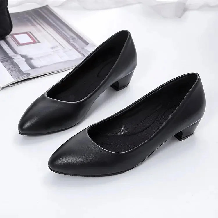 2023 New Women's High Heels Pointed Toe Professional Versatile Work Shoes Black Leather Single Shoes Polyurethane Sole