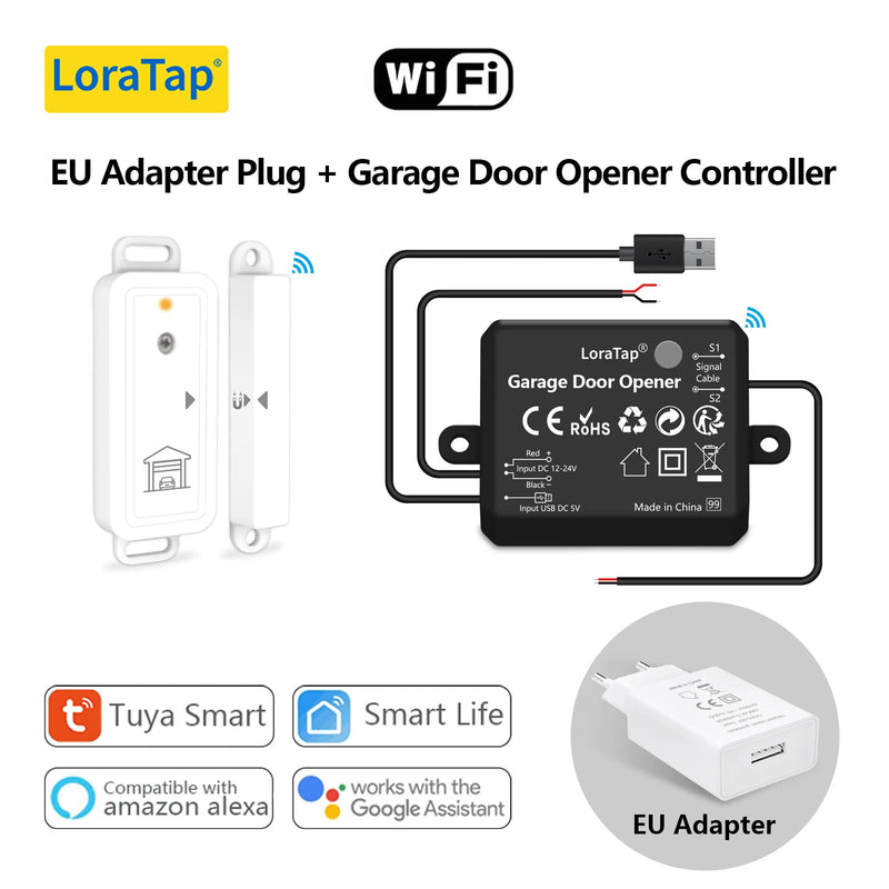 LoraTap Tuya Smart Life AC DC Garage Door Wireless Sensor Opener Controller USB Charger Remote Control by Google Home Alexa