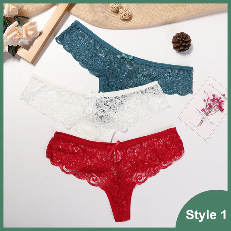 3 Pcs Woman Panties Sexy Lace Thong Underwear Lingerie Female T-back Temptation Low Waist Women Transparent G String