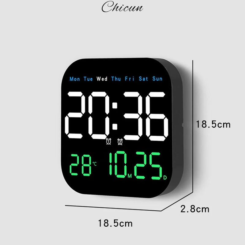 Digital Wall Clock with Remote Control, LED Alarm Clock, Temperature, Date, Week Display, Electronic Table Clock, 12 H, 24H