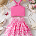 Summer two - piece children's pink off shoulder top+floral - View 2 | SAMAG