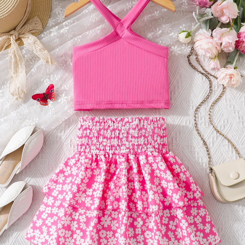 Summer two - piece children's pink off shoulder top+floral - View 2 | SAMAG