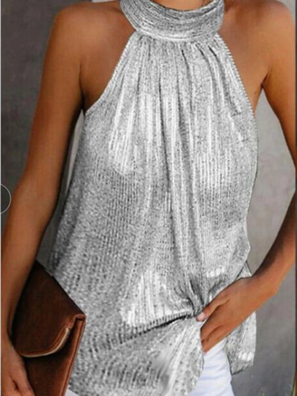 Women Gold Blouse 2025 New Fashion High Neck Sleeveless Hatler Tank Top Vest Summer Casual Loose Blouse Shirt Tee