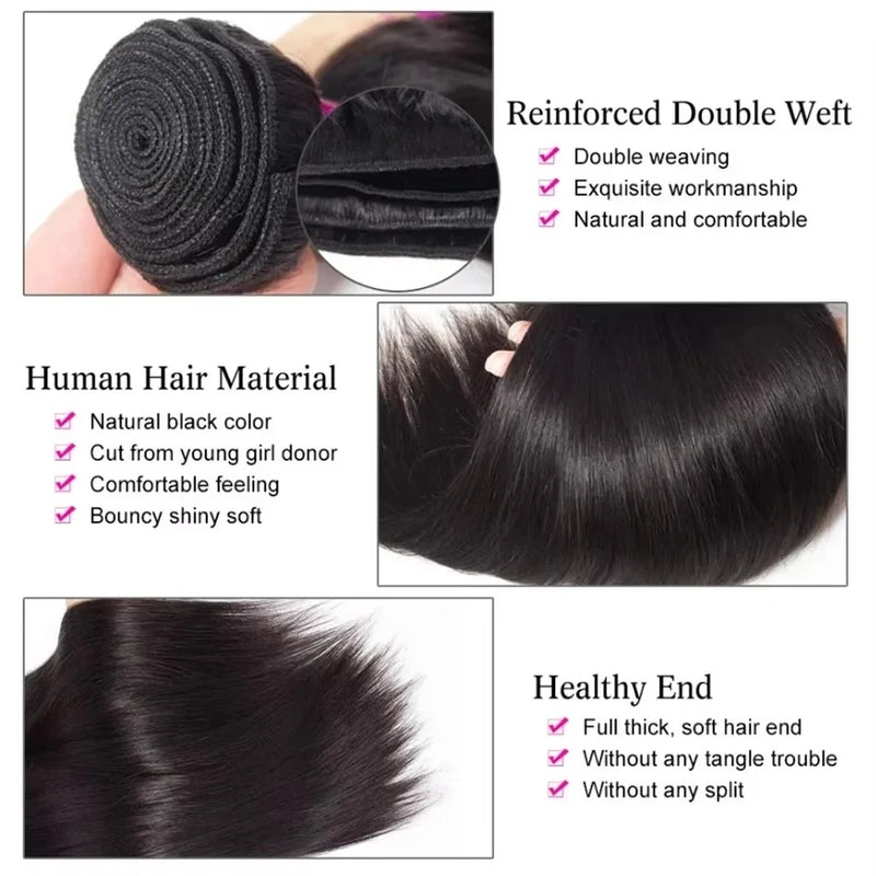 12A Bone Straight Double Drawn 100% Human Hair Bundles Weave Raw Virgin Hair Extensions #1B Natural Black Color Can Bleach For Women
