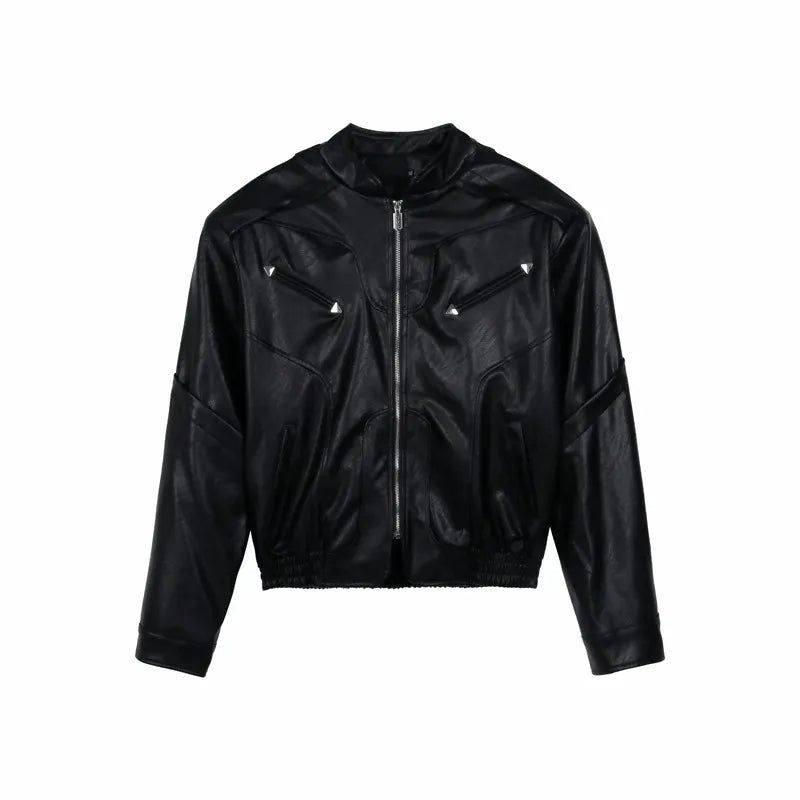 American Fashion Stand Collar Zipper Leather Jacket High Street Motorcycle Clothing Men's Casual Loose Fashionable Cardigan Top
