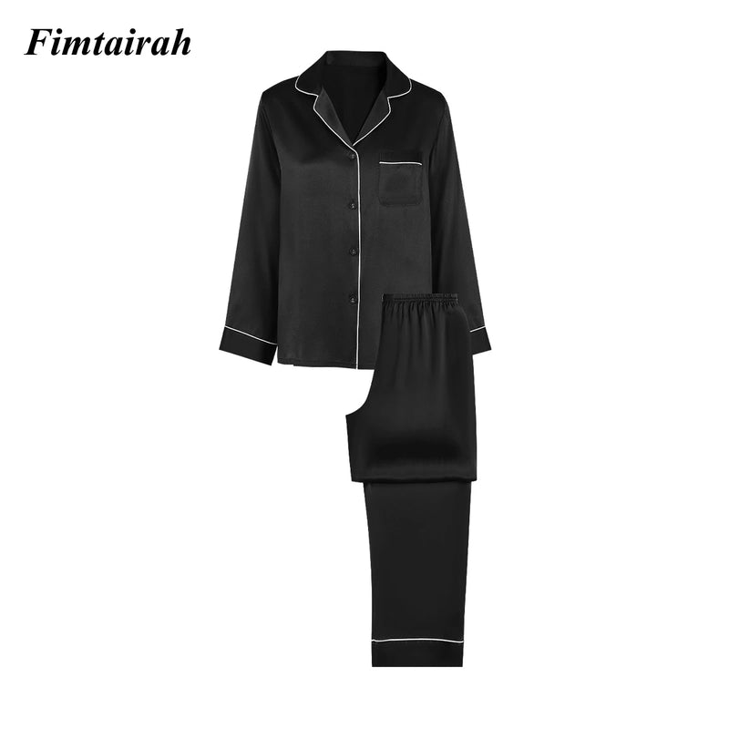 19MM 6A Silk Pajamas For Women's Summer Long sleeved Pants Women Sleapwear pj Nightwear  2pieces 100% mulberry Silk suit