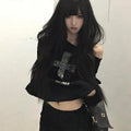 Seeslim Cross One-shoulder Graphic Hoodies Long Sleeve Black Women's Sweatshirts Harajuku Grunge 2000s Clothes Y2k Autumn Tops