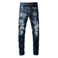 Men Holes Patchwork Denim Jeans Streetwear Dark Blue | SAMAG