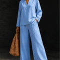 Women 2‑Piece Matching Outfit Long Sleeve Button Shirt High Waist Wide Leg Pant Loose Vacation Street Daily Wear Suit For Ladies