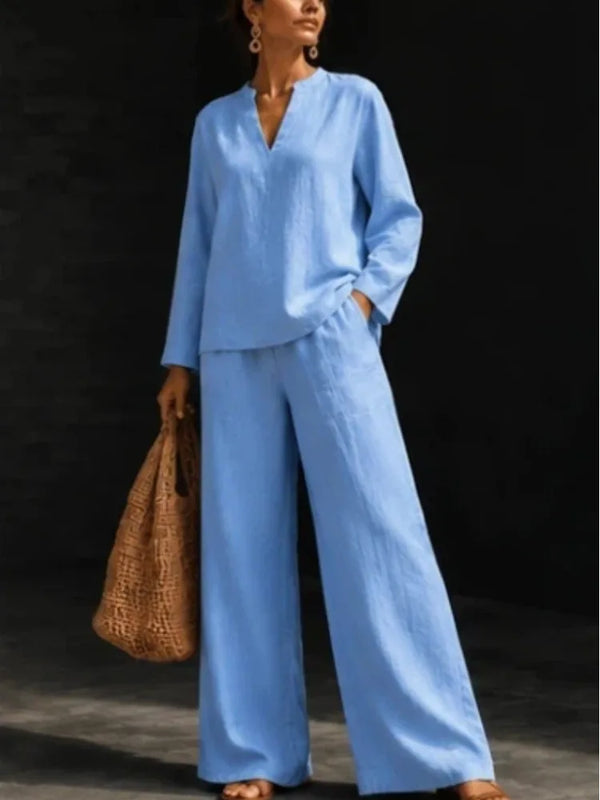 Women 2‑Piece Matching Outfit Long Sleeve Button Shirt High Waist Wide Leg Pant Loose Vacation Street Daily Wear Suit For Ladies