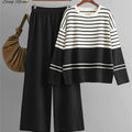 SINGREINY Homewear Loose Knitting Sets Women O-Neck Split Basic Striped Tops+High Waist Wide Legs Pants Autumn Winter 2PC Suits