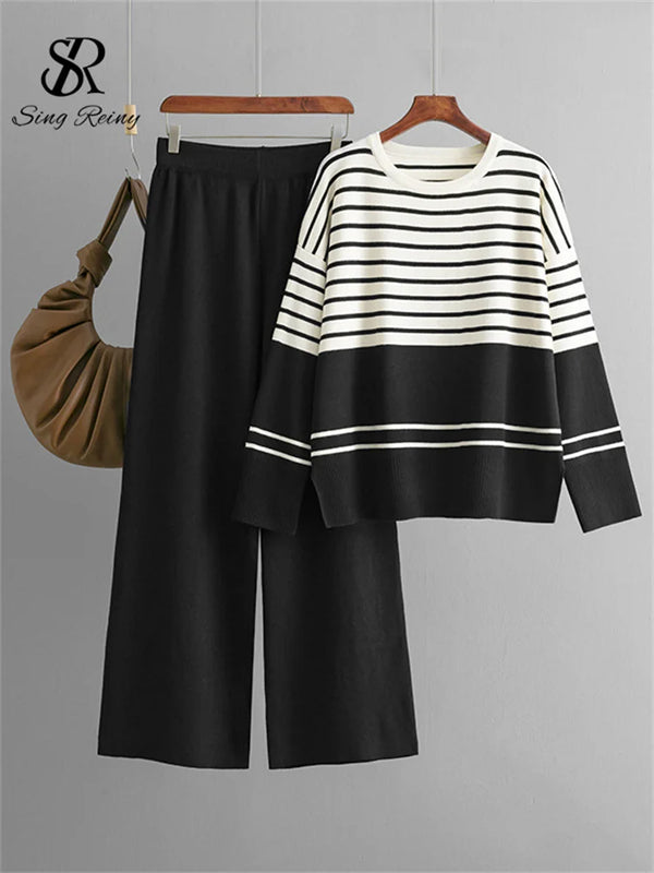 SINGREINY Homewear Loose Knitting Sets Women O-Neck Split Basic Striped Tops+High Waist Wide Legs Pants Autumn Winter 2PC Suits