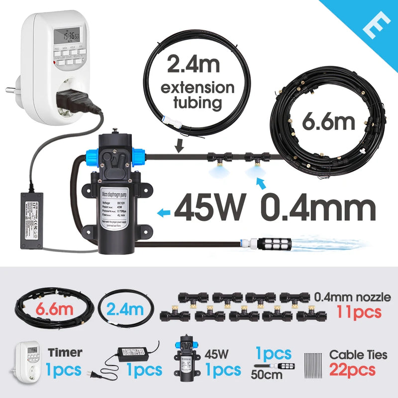 45W Pump 0.4MM Automatic Timing Cooling Watering System 6/9/12/18/21M Outdoor Garden Irrigation Kit Brass Mist Nozzles Sprayer