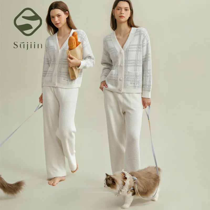 SUJIIN Women 2 Piece Outfits Pajamas Set Autumn Winter Casual Sleepwear Woman Striped Cardigan Tops Trousers Loungewear SH006