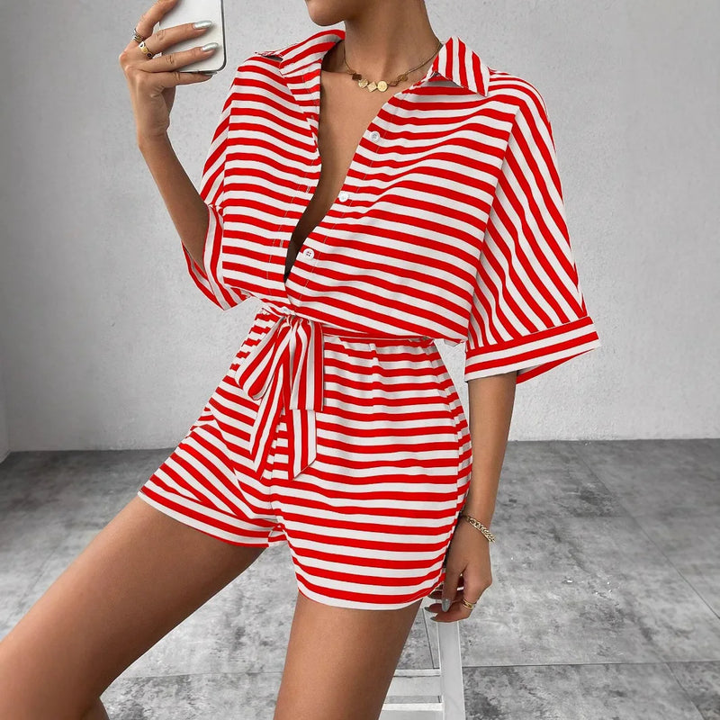 Summer New Set For Women's Casual Loose Comfortable Outfit Fashion Striped Batwing Sleeve Shirt Top+ Shorts 2-piece Sets Woman