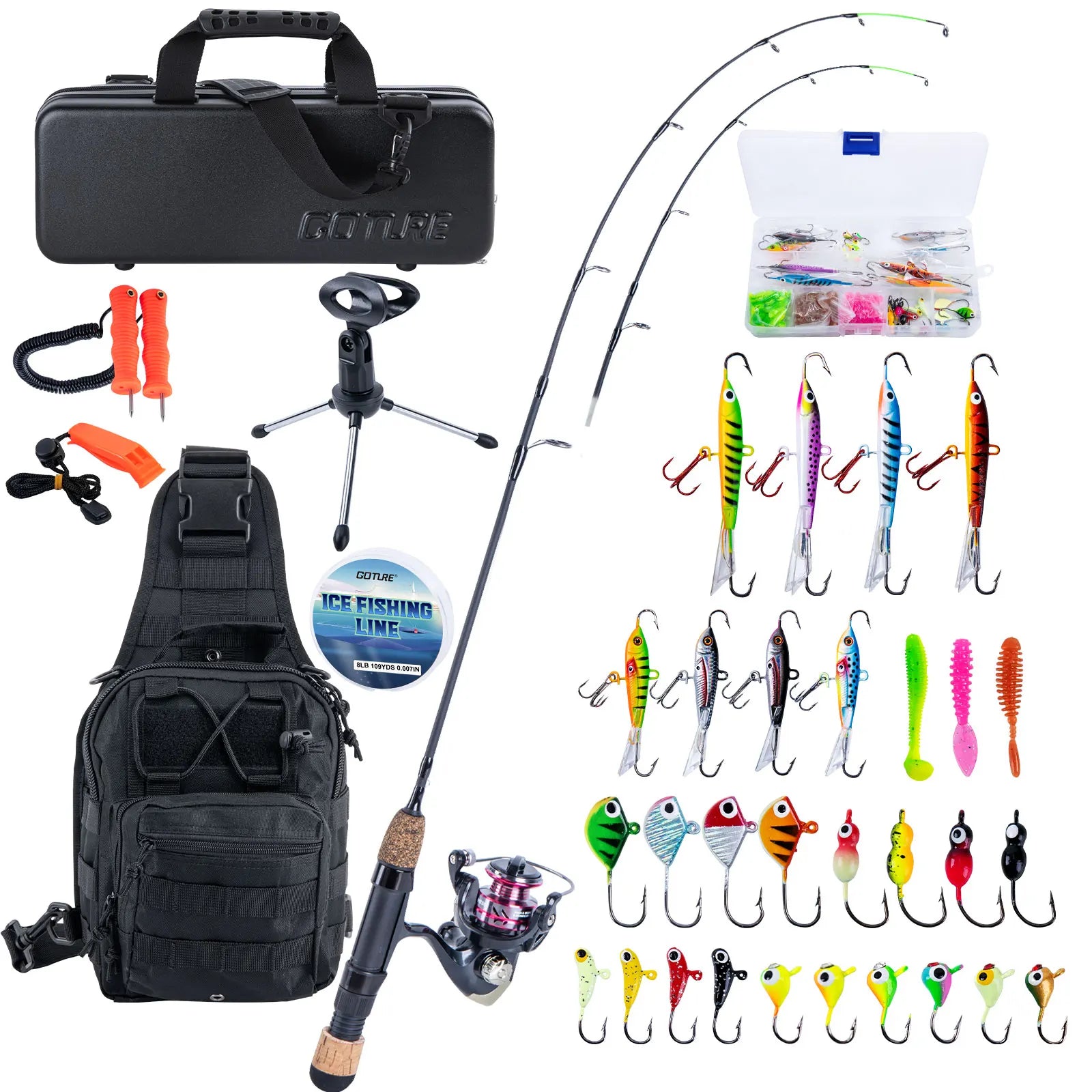 Goture 32" Ice Fishing Rod Reel Combo, M/MH Double Tip Ice Fishing Rod, Portable Ice Fishing Kit Include Rod/Lure/Line,and Tool