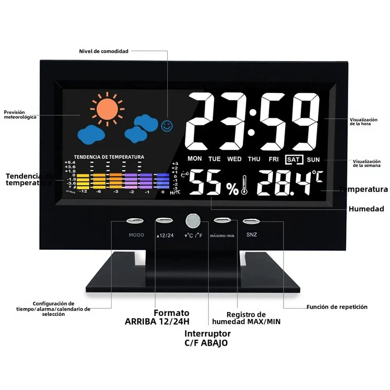 Digital Electronic Alarm Clock with Weather Station Time Temperature Humidity Display Sound Control and USB Cable