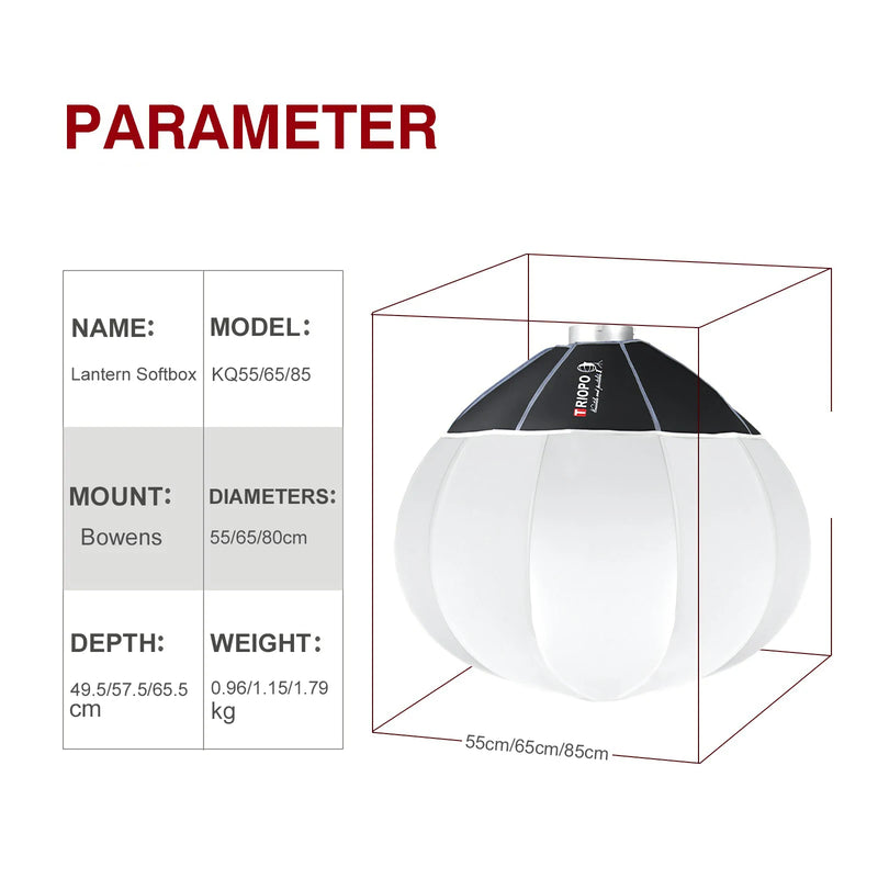 TRIOPO Lantern Softbox Light Modifier 55/65/85cm Quick Release for Sokani X100 COLBOR Godox Aputure Bowens Mount LED Video Light