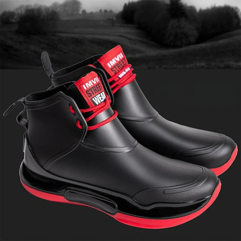 Men Rain Boots Outdoor Work Boots New Fashion Waterproof Fishing Shoes Platform Non-slip Rubber Shoes Lace-up Couple Rain Shoes