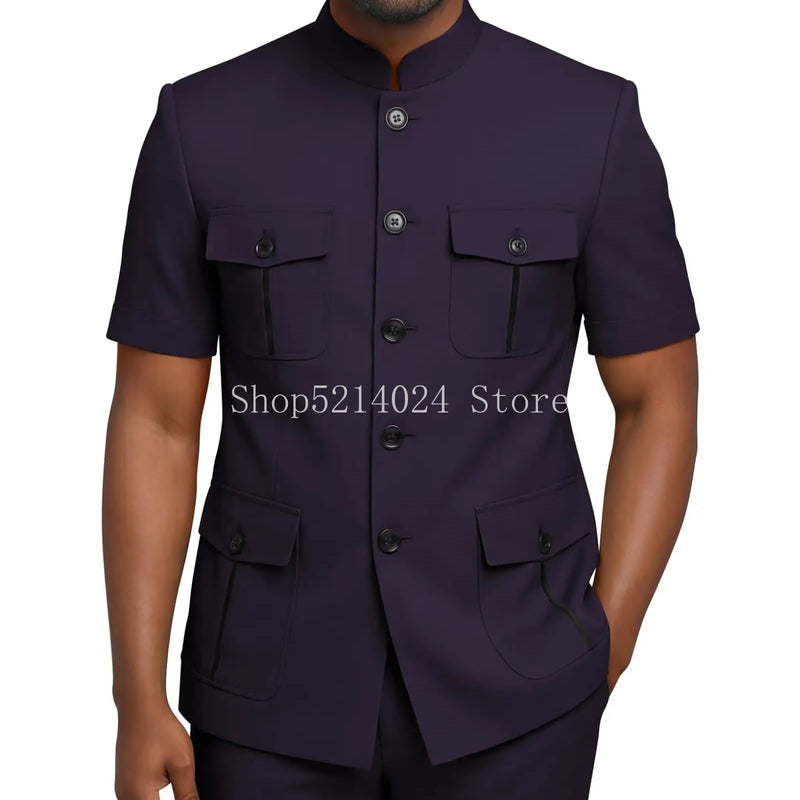 Mens Safari Suit 2 Piece Short Sleeve Suits for Men Regular Fit Stand Collar Suit African Clothes