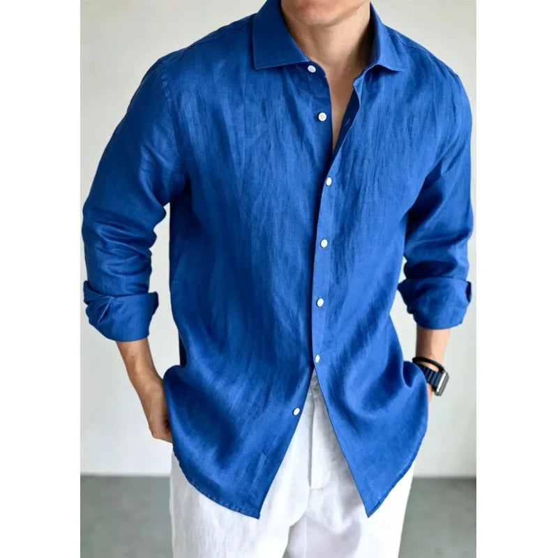 Men's Linen Shirt Cotton Blend Long Sleeve Button Down | SAMAG